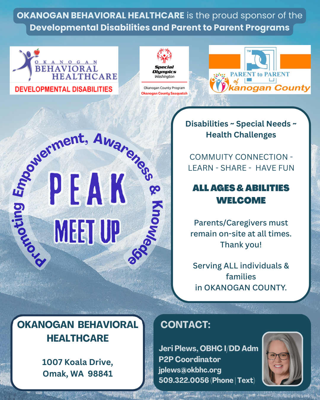 Peak Meet Up informational flyer with details incouraging all ages and ability levels to attend monthly meetings.