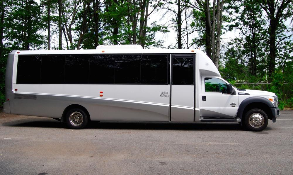 Autobús blanco estacionado en un camino asfaltado con árboles verdes en el fondo.