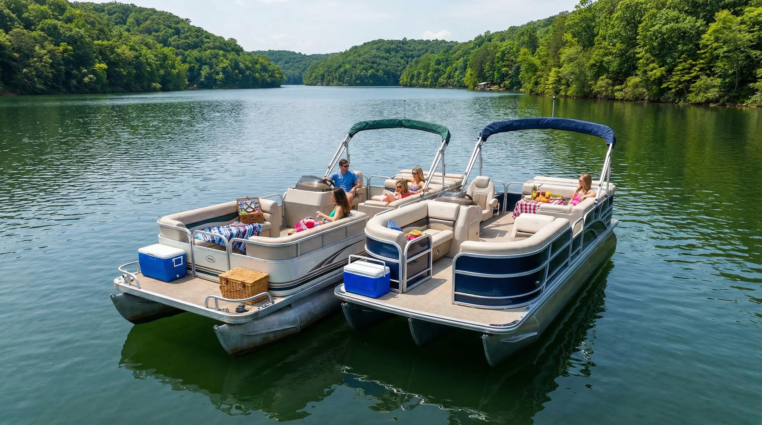 Grupo de personas en dos embarcaciones tipo pontón en un lago rodeado de árboles