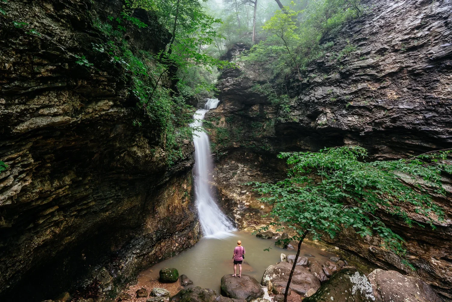 Una cascada en un bosque denso con rocas y un hombre observando el paisaje.