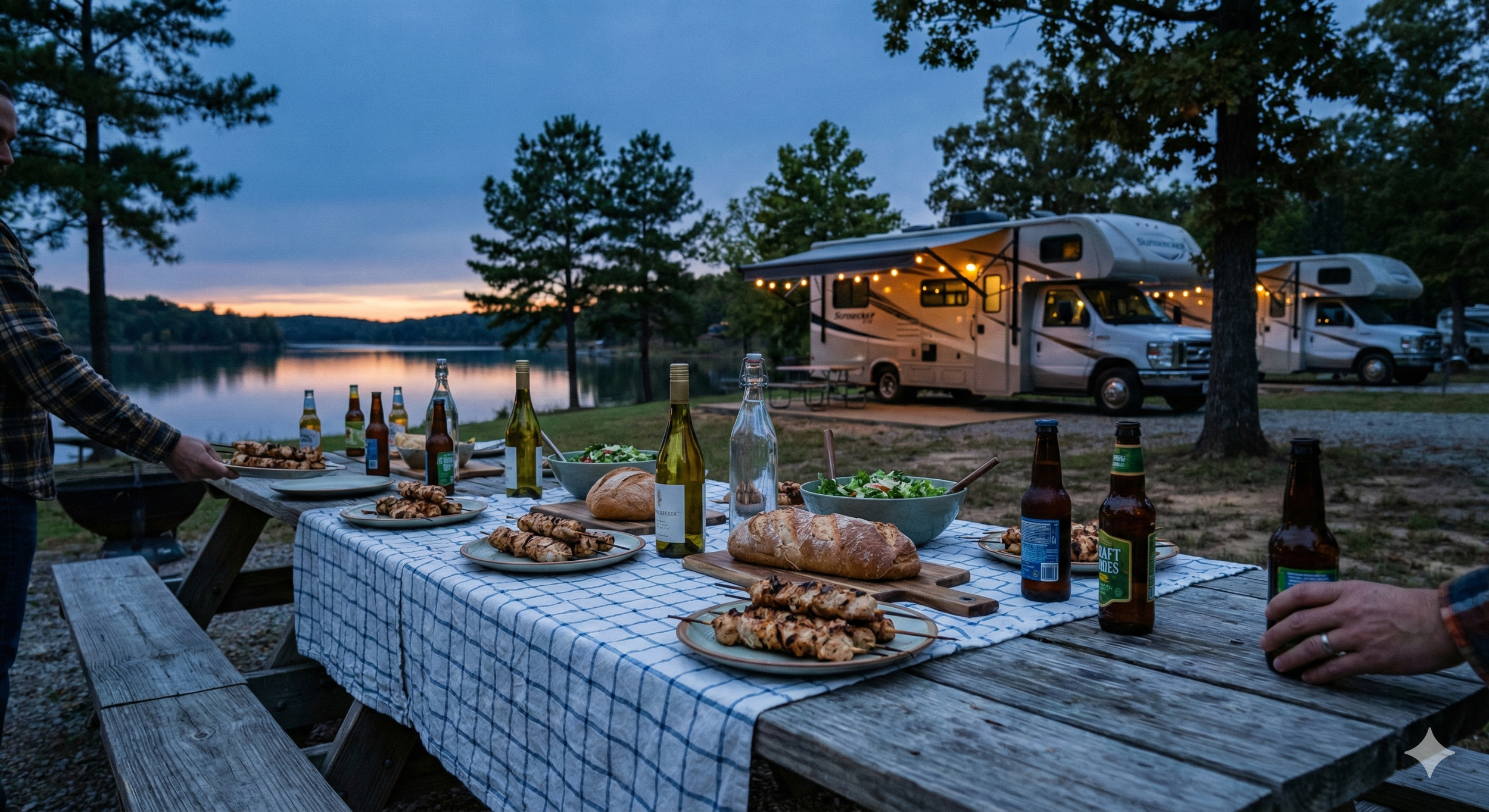 Mesa larga con comida y bebidas frente a laguna con caravanas y árboles, al atardecer.