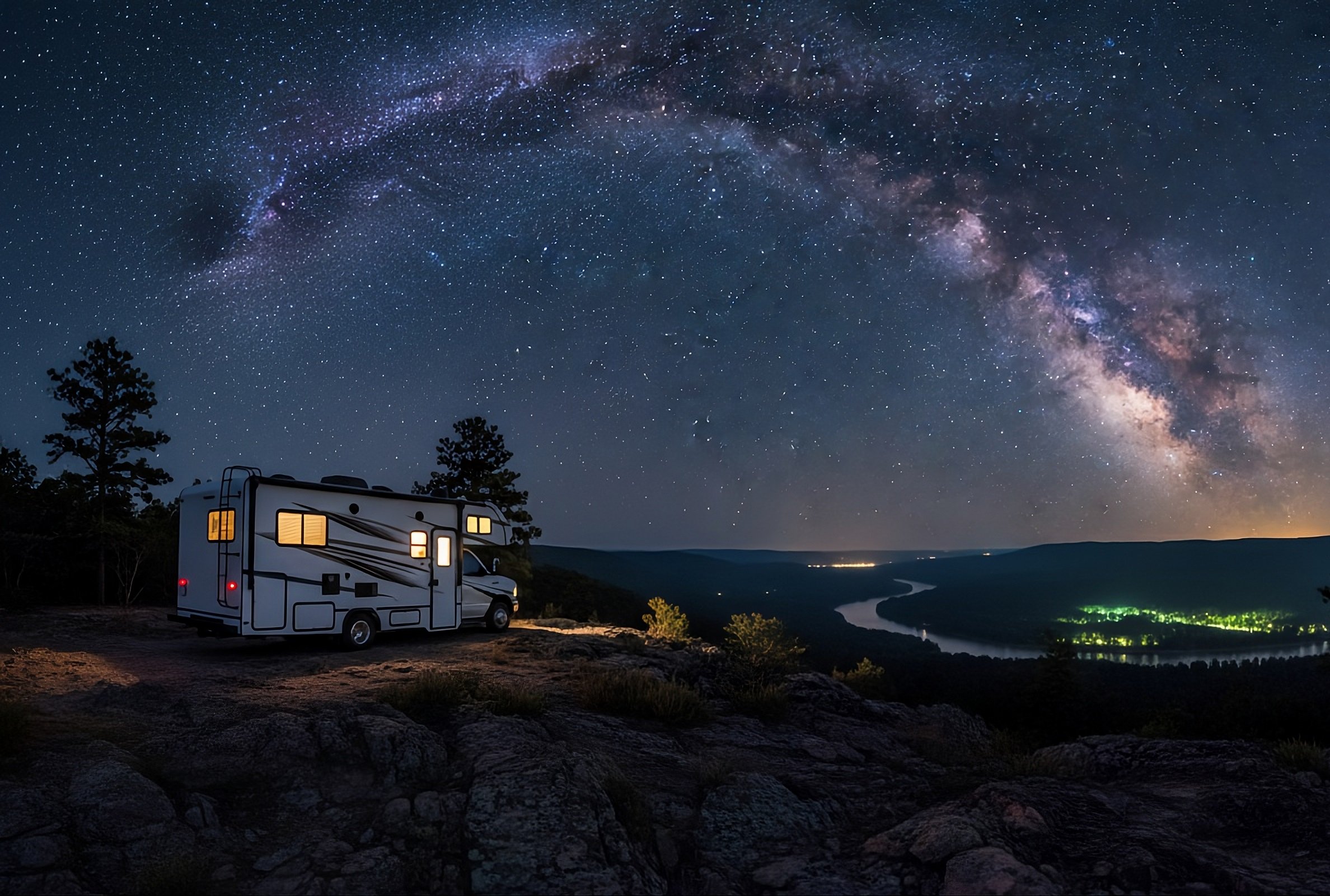 Una autocaravana estacionada en un área elevada con vista a un río y un paisaje montañoso, bajo un cielo nocturno con la Vía Láctea y estrellas brillantes.
