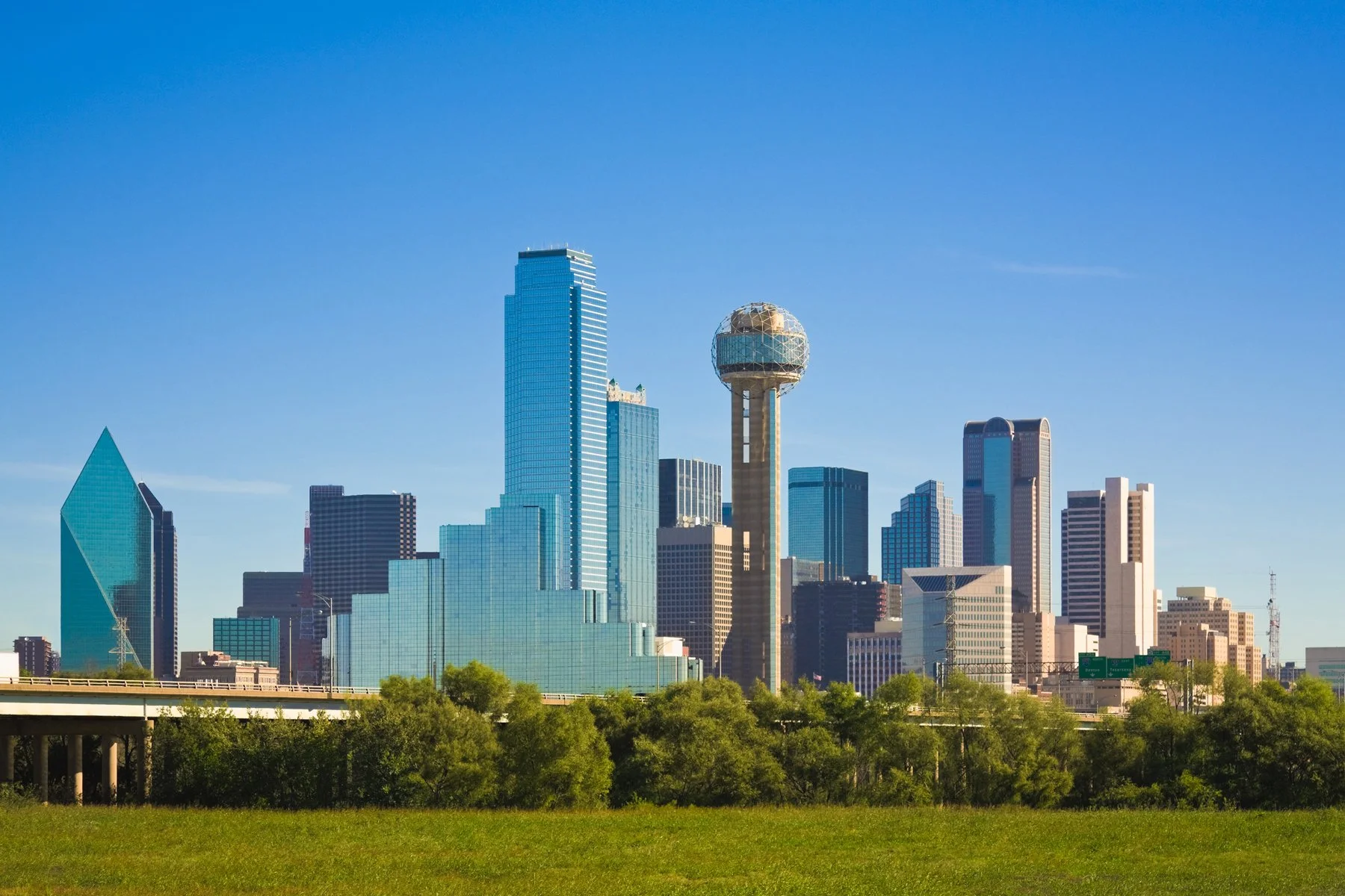 Vista del skyline de Dallas, Texas, con edificios modernos y la Bola de Reunion en el centro, sobre un fondo de cielo despejado y verde en primer plano.