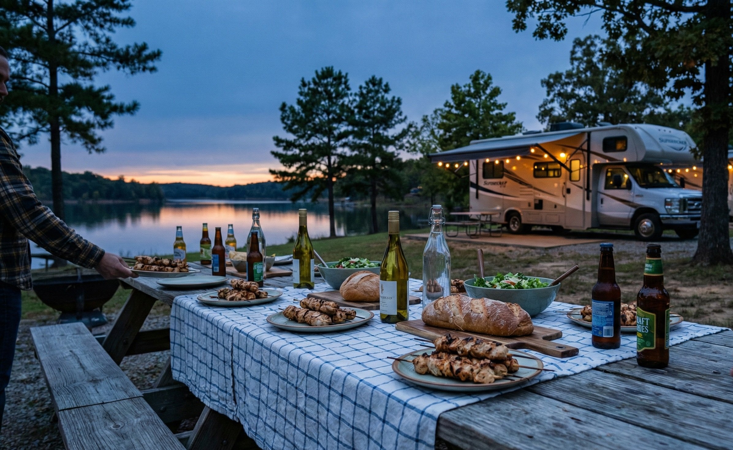 Una mesa al aire libre junto a un lago, con comida, bebidas y pan, preparada para una comida o picnic, con un fondo de árboles y un remolque de camper en la tarde.
