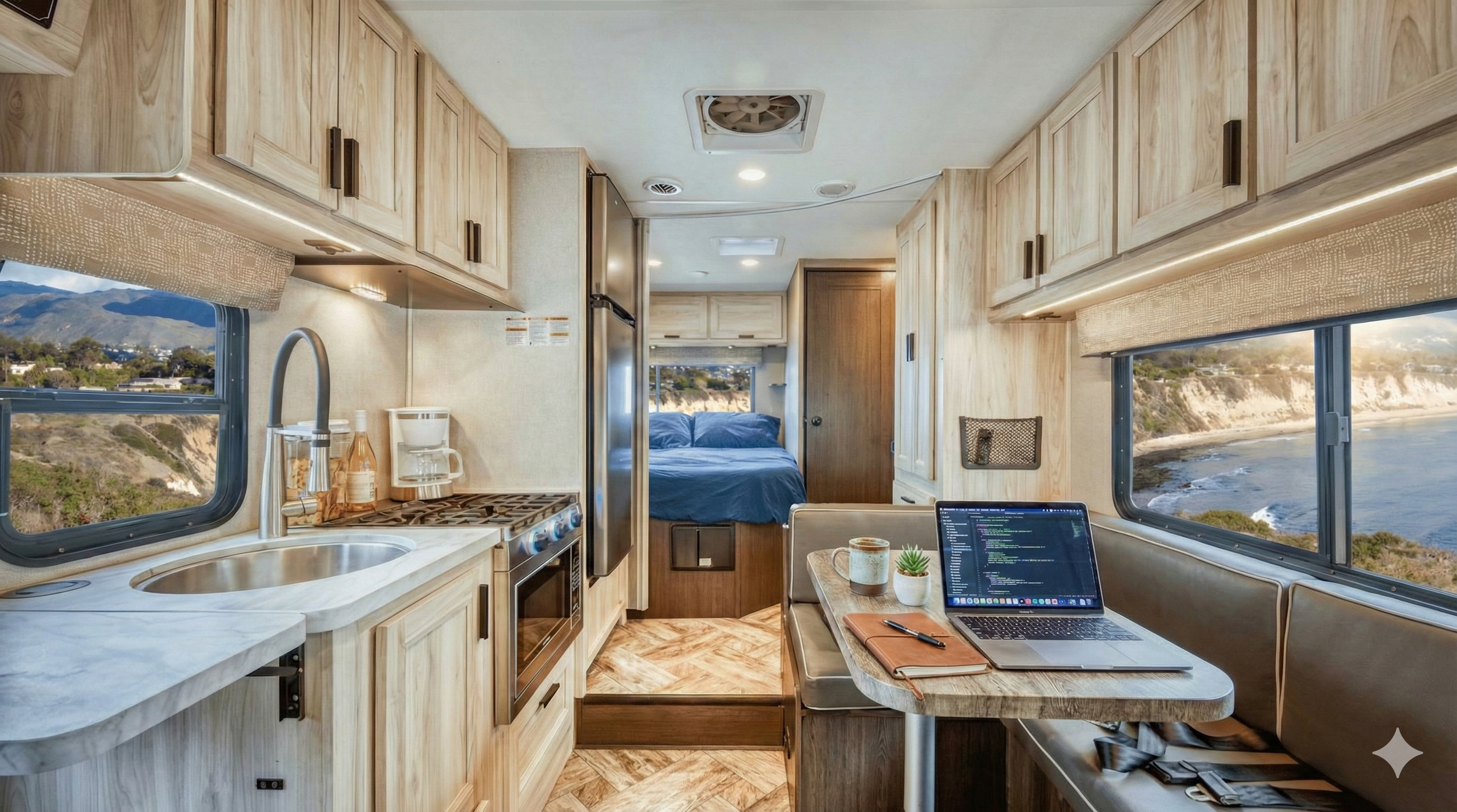 Interior de una casa rodante con cocina, área de comedor con laptop, y habitación con cama, con vistas a naturaleza y mar a través de las ventanas
