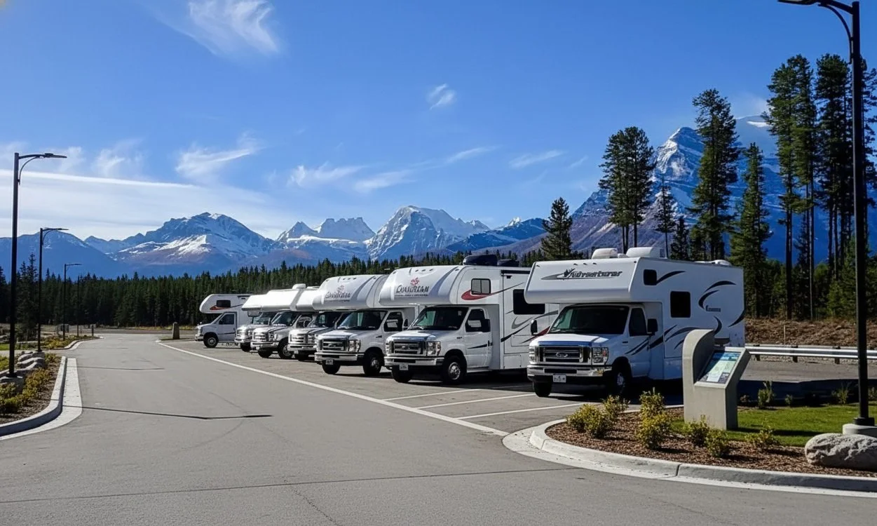 Varias casas rodantes estacionadas en un área con árboles y montañas nevadas al fondo, en un día soleado.