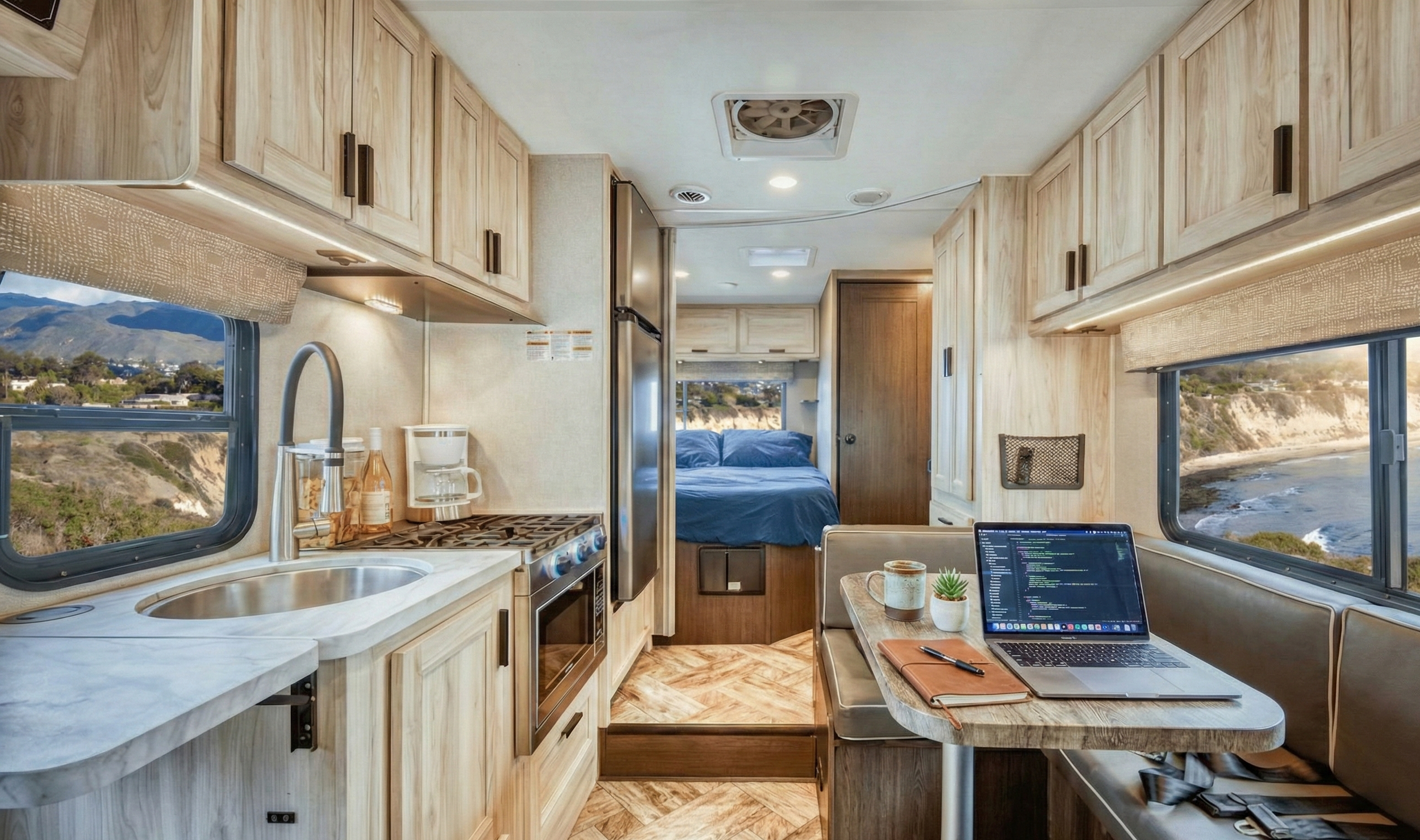 Interior de una casa rodante con vista a la playa y un camino en las ventanas principales.