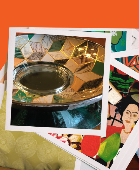 Display of artwork print photos on a table