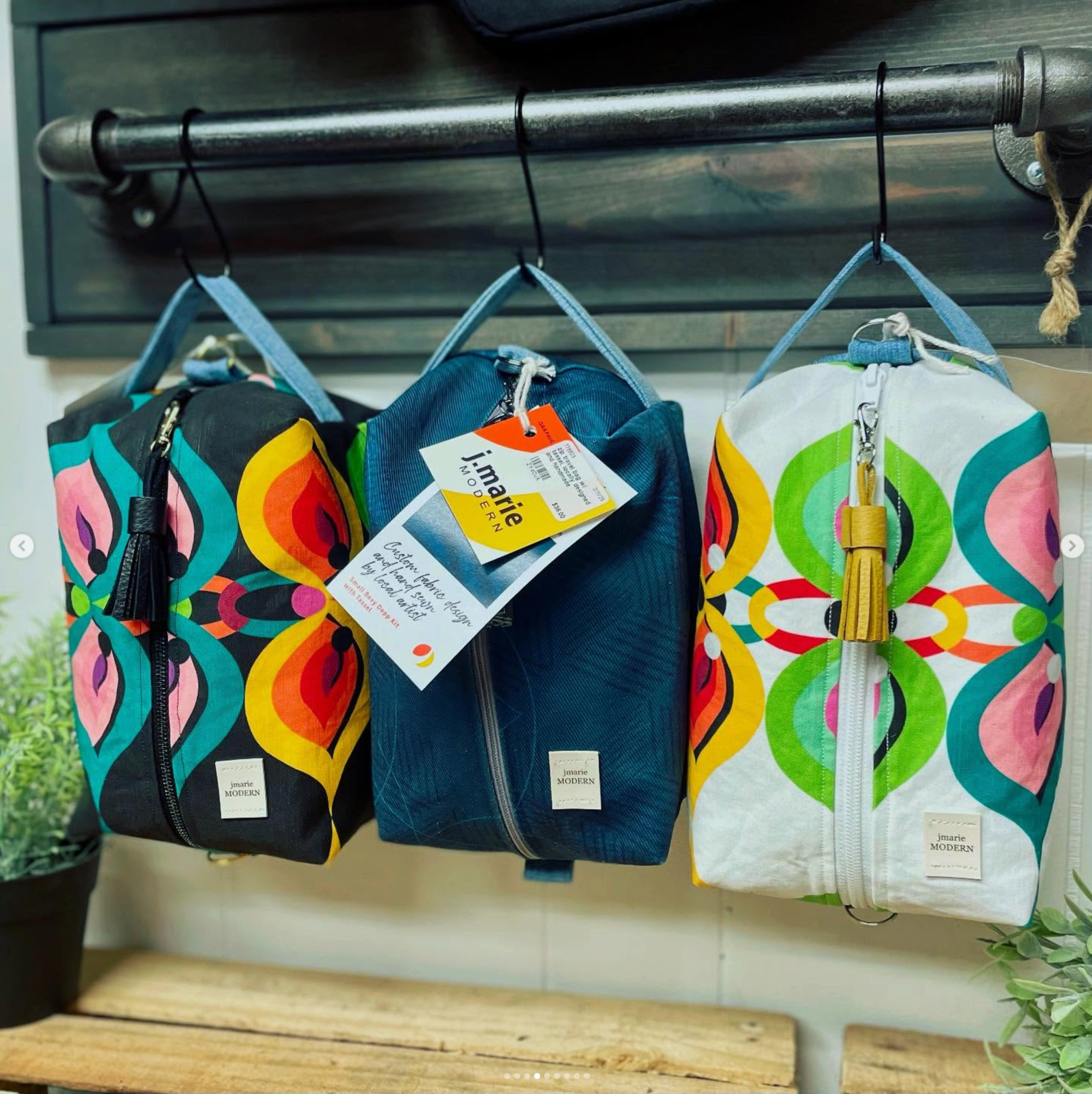 Handsewn travel bags with bold custom fabric
