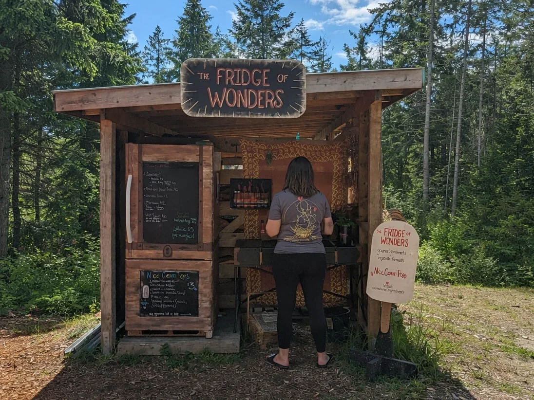A woman standing at a wooden stand selling food and drinks called 'The Fridge of Wonders' in a forest setting. The stand has a chalkboard menu and a sign listing 'Fridge of Wonders' with popular ingredients and Nice Corny Pies.