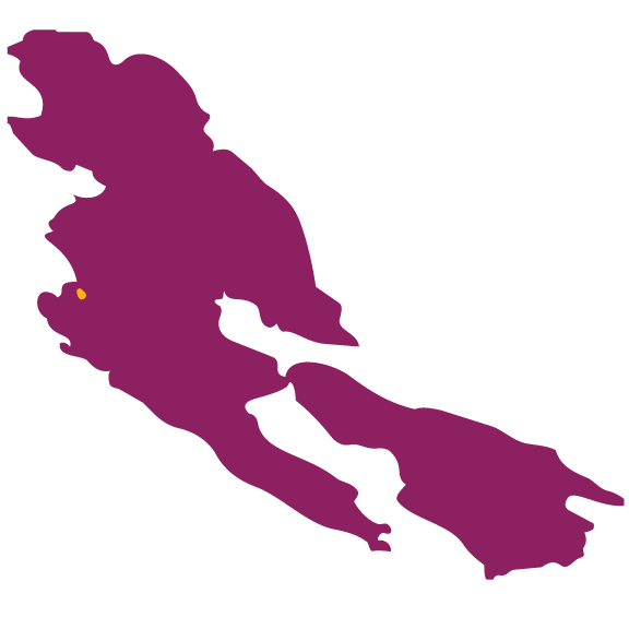 Map of California in purple with a yellow dot marking a location in the northern part of the state.