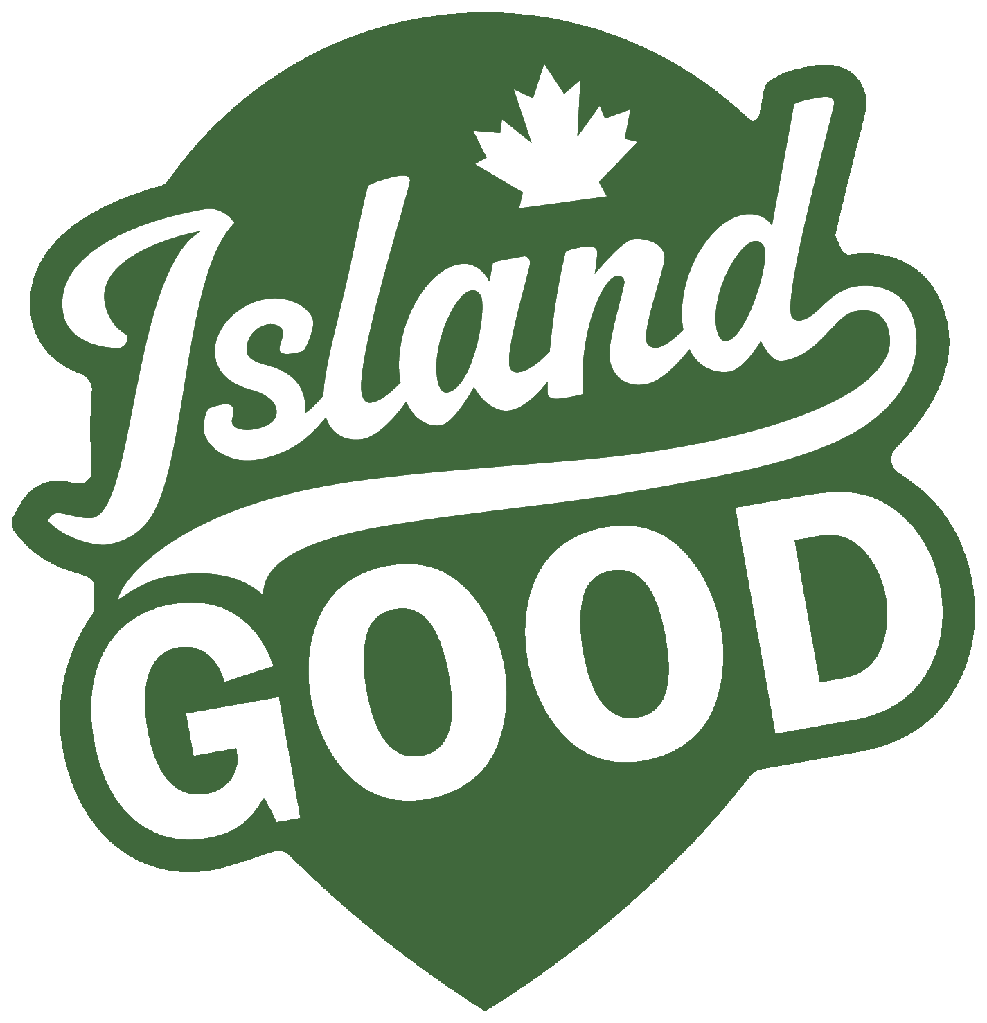 Green shield-shaped logo with the phrase 'Island Food' and a black outline of a maple leaf above 'Island'.