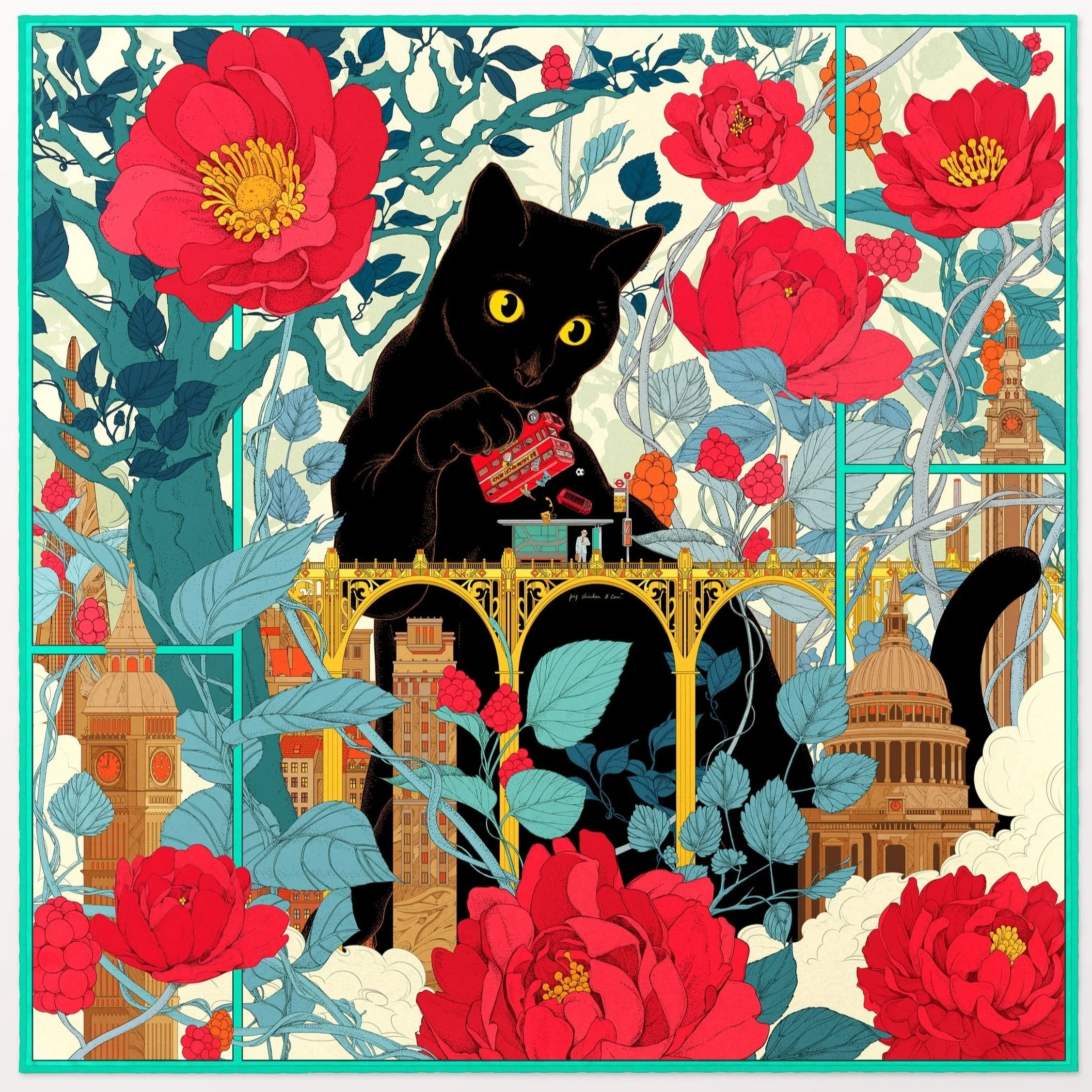 A Black Cat on a London Adventure - A Scarf Artwork by PIGCHICKENCOW