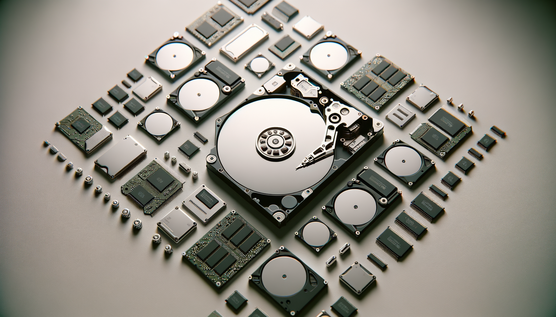 Various computer hard drives, solid state drives, and electronic circuit boards arranged in a square pattern on a light-colored surface.