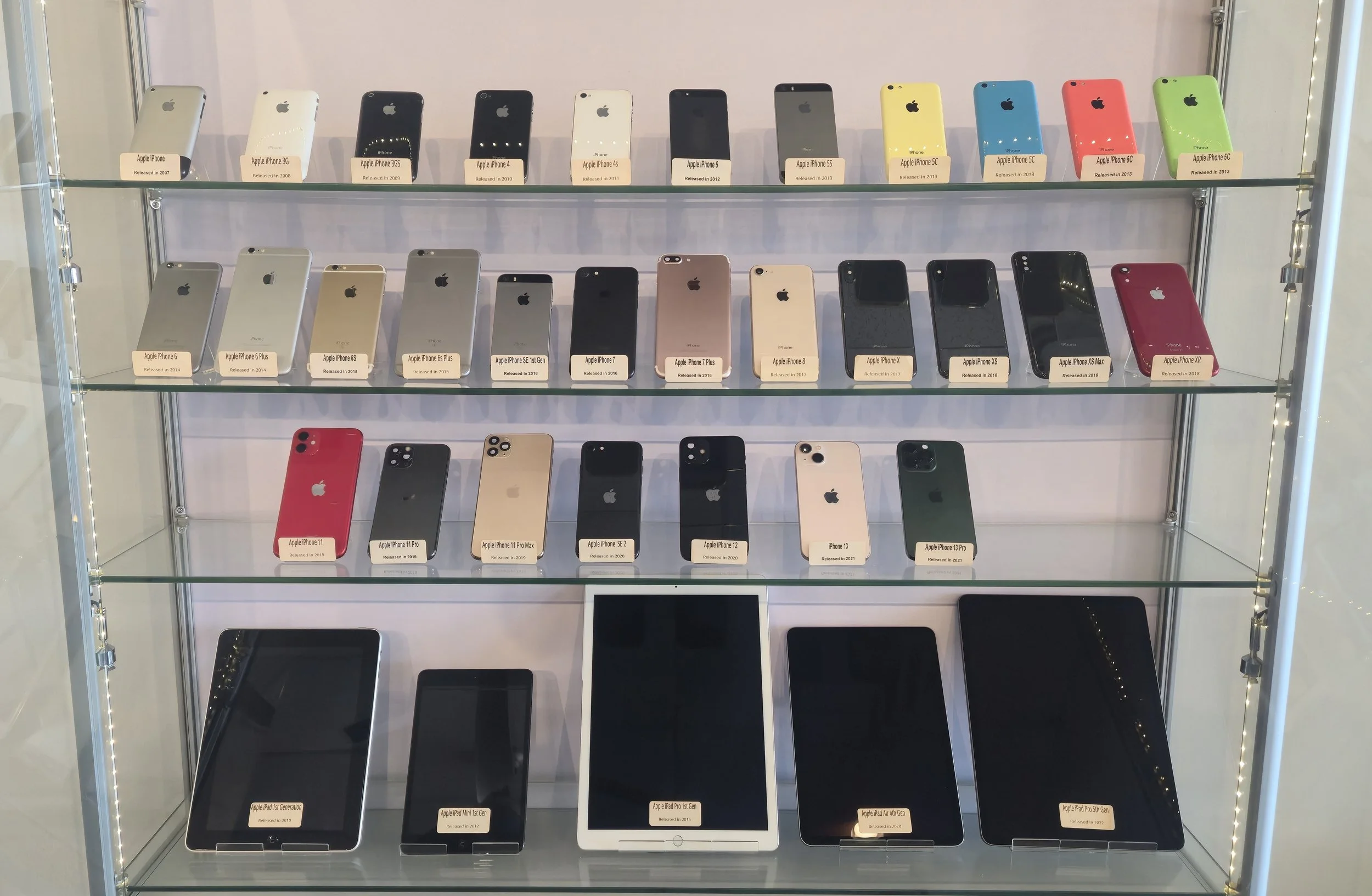 Display Case Showing iPhone History