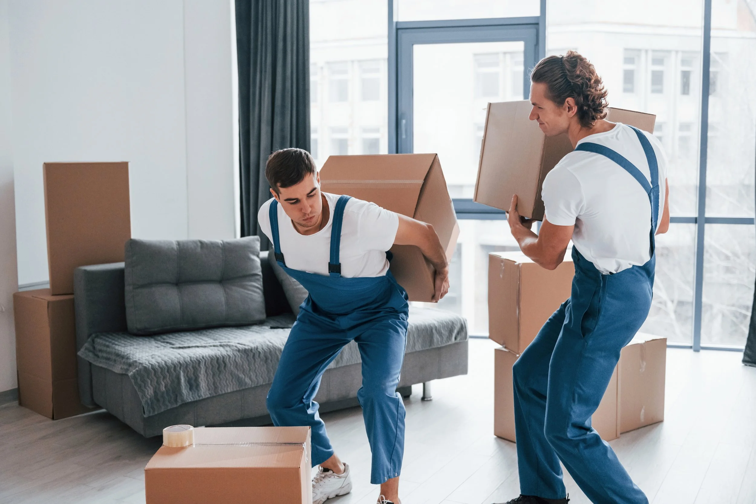 Two men in blue overalls lifting and carrying cardboard boxes inside a modern apartment with large windows and a sofa.