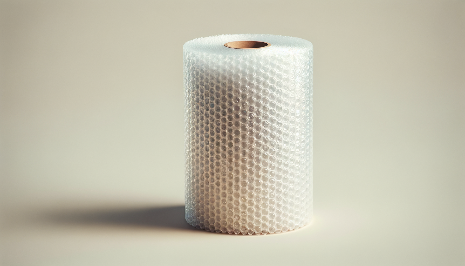 A roll of bubble wrap with a rose gold core, standing upright on a light-colored surface.