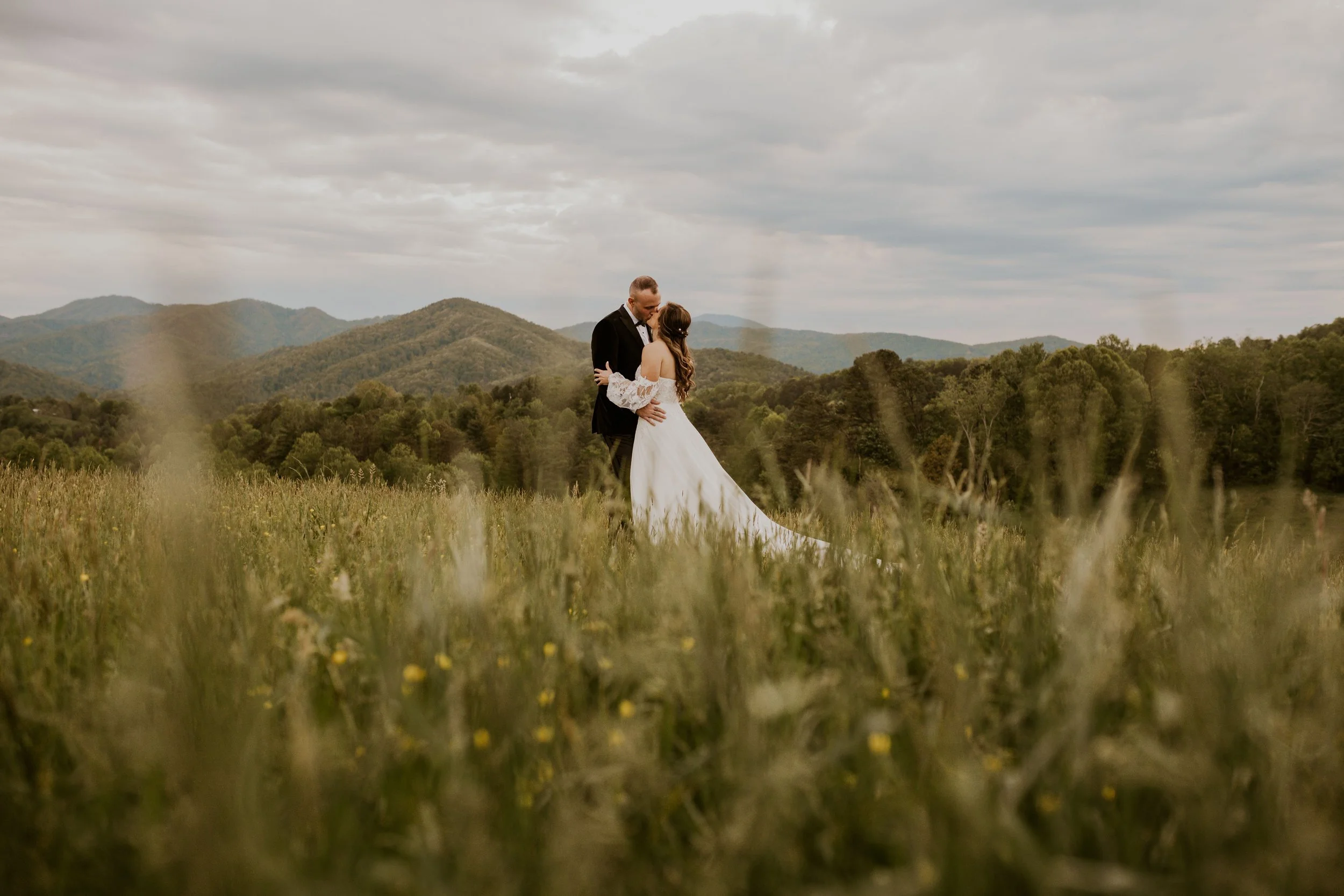 romantic mountain wedding portraits Asheville NC golden hour