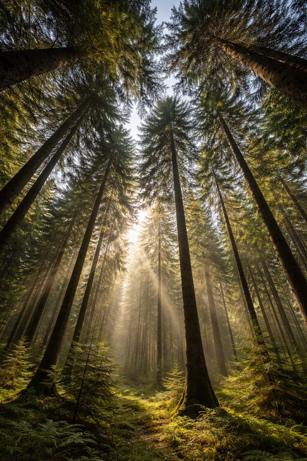 Sunlight shining through tall evergreen trees in a dense forest.