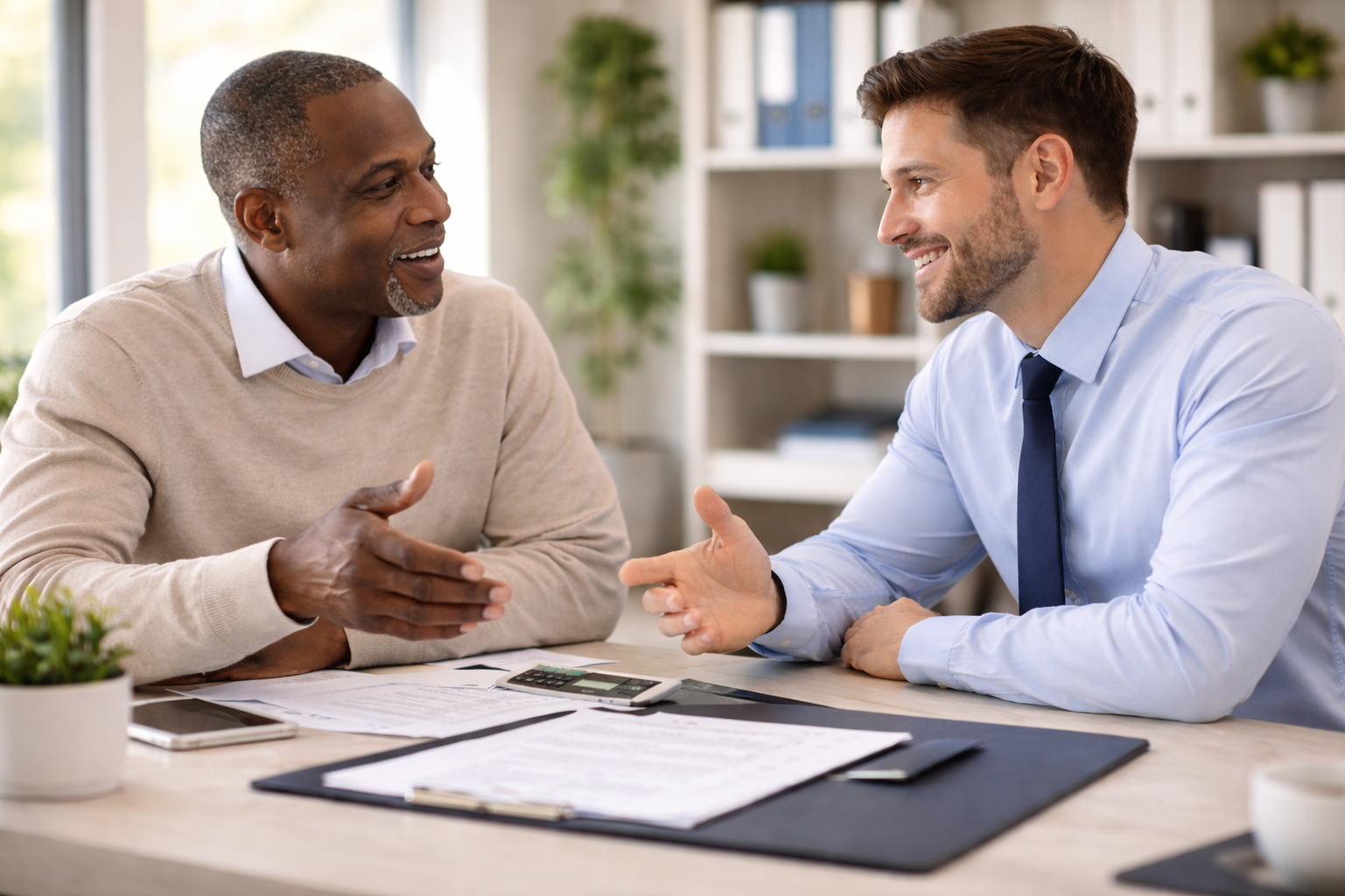 Two men having a conversation in an office, smiling at each other.