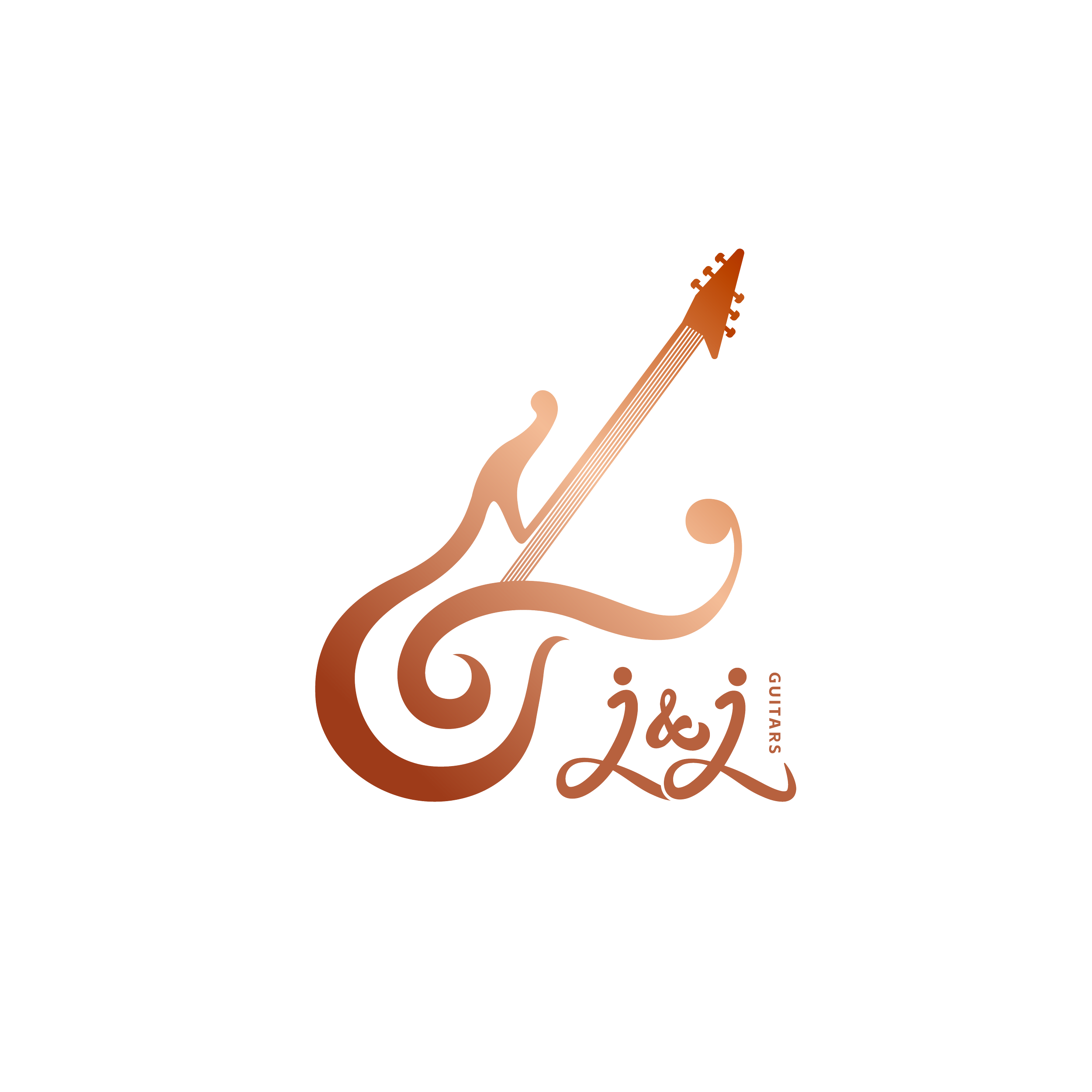Logo de guitare stylisée en forme de lettre G, avec le manche de guitare formant la partie supérieure, et le corps de guitare intégrant les lettres 'J & J'. Le texte 'GUITARS' est écrit verticalement à côté du logo.