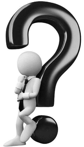 Figure 3D blanche avec un sac à dos, posée devant un grand point d'interrogation noir.