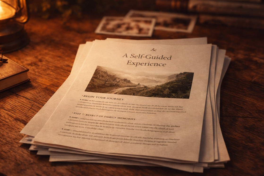 A stack of pamphlets titled "A Self-Guided Experience" on a wooden table, with a landscape photo and some photos in the background.