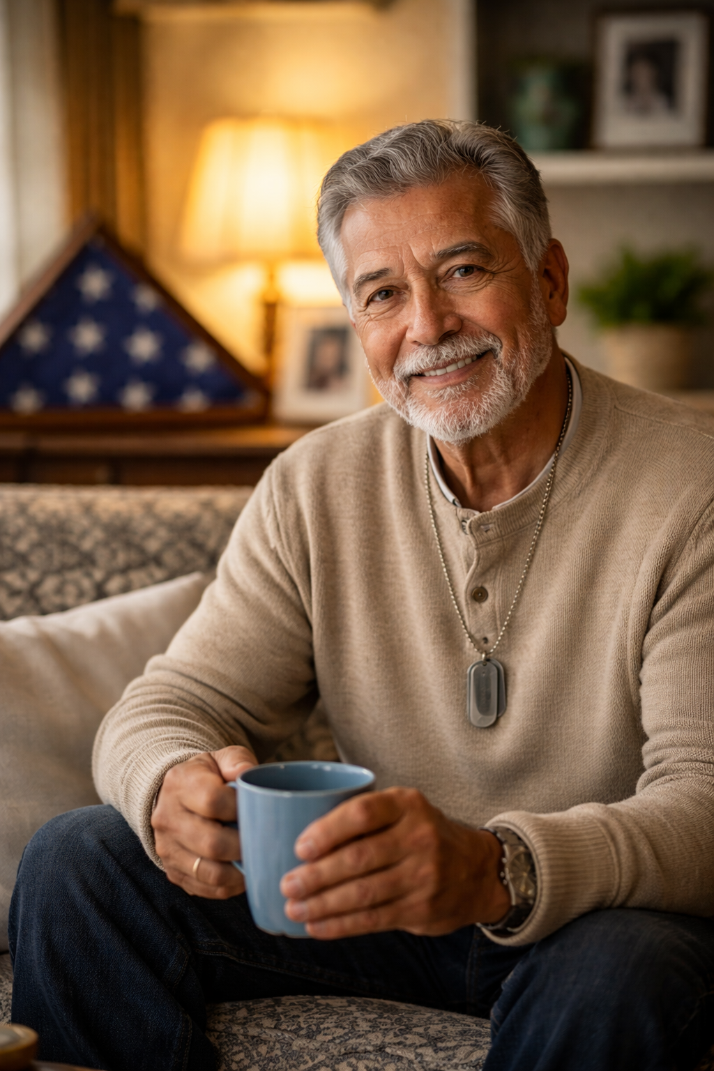 An elderly man with gray hair and a beard smiling while sitting on a couch, holding a blue mug. The background has a warm lamp, a framed photo, and a folded American flag.