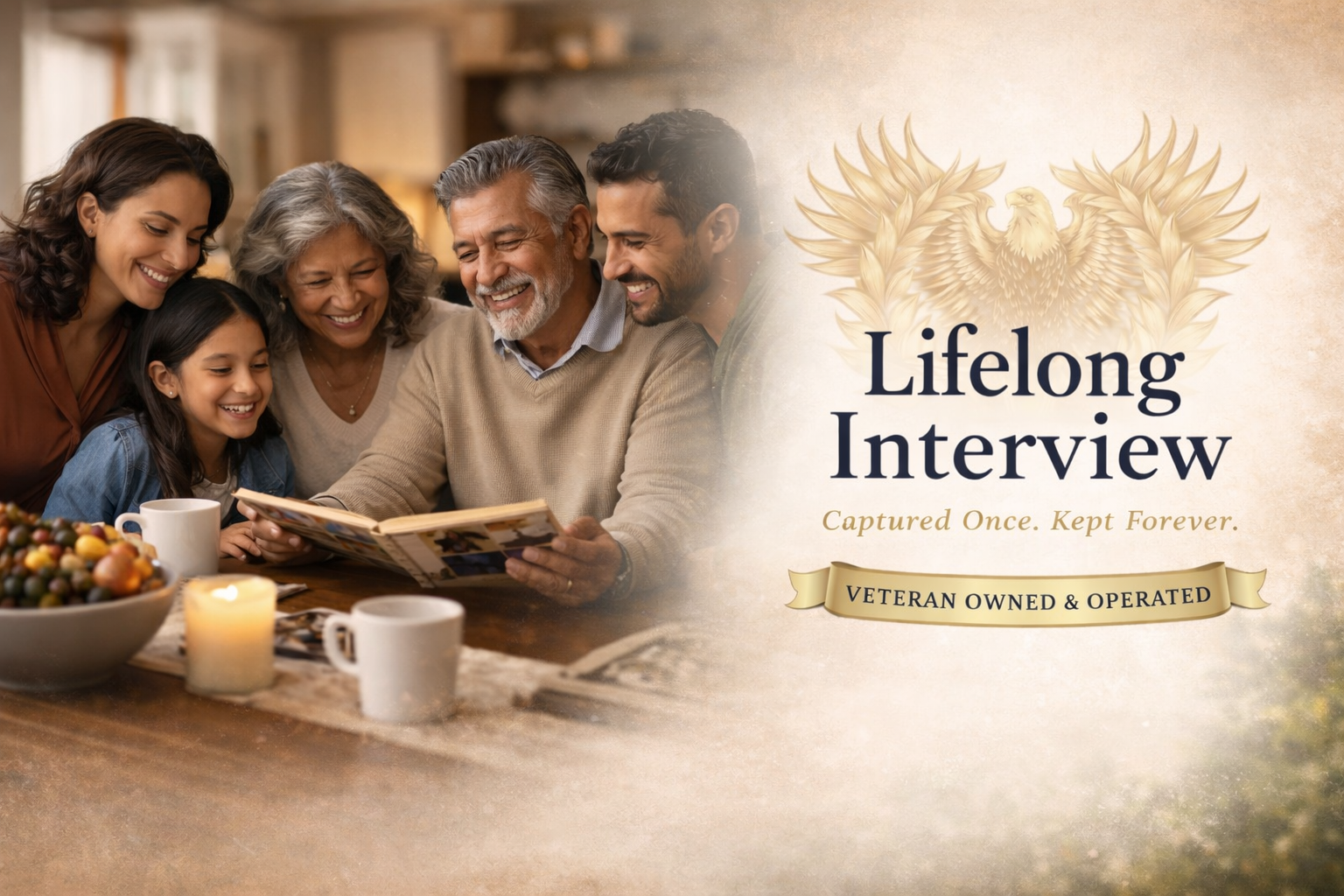 A multi-generational family, including children, parents, and grandparents, smiling and looking at a photo album together at a table with coffee mugs, a bowl of fruit, and a lit candle, celebrating a lifelong bond.