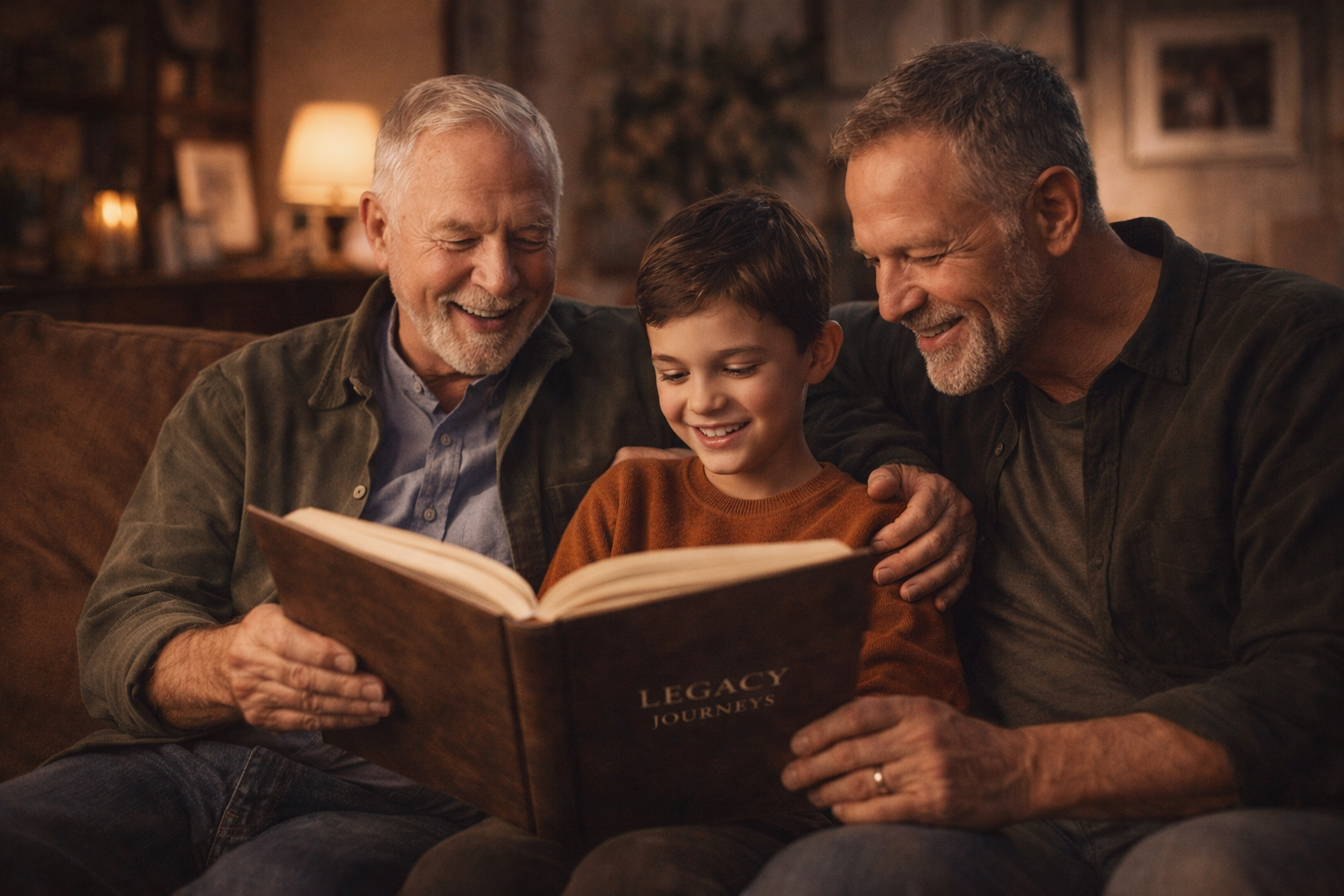 Three generations of men, a grandfather, a father, and a young boy, sitting on a couch and happily reading a book titled 'Legacy Journeys' together in a cozy living room.