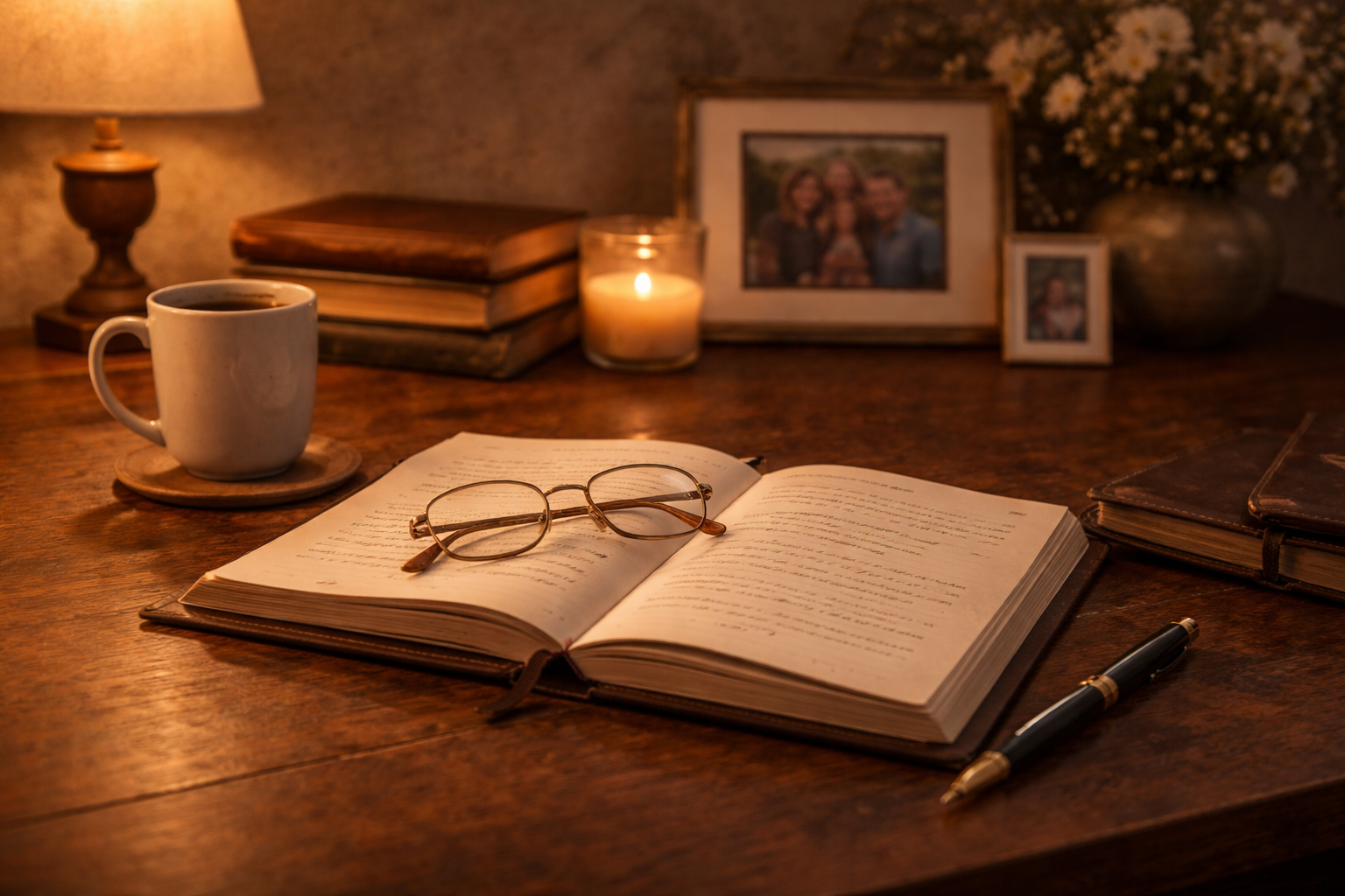 A wooden desk with an open notebook and reading glasses on top, a cup of coffee on a coaster, a pen, and several closed books. In the background, there is a lit candle, a table lamp, framed family photographs, two books, and a vase of white flowers.