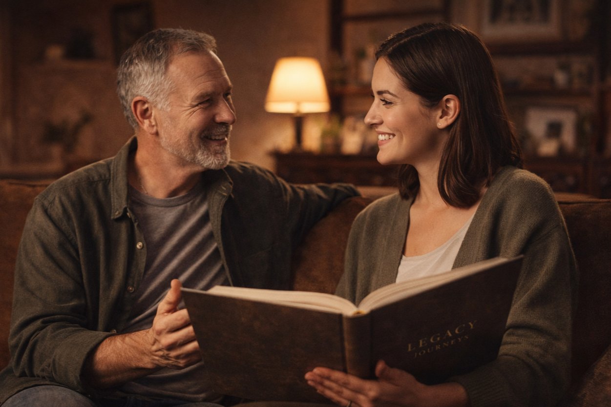 A man and woman sitting on a couch in a warmly lit room, smiling at each other, with an open book titled 'Legacy Journals' in the woman's hands.