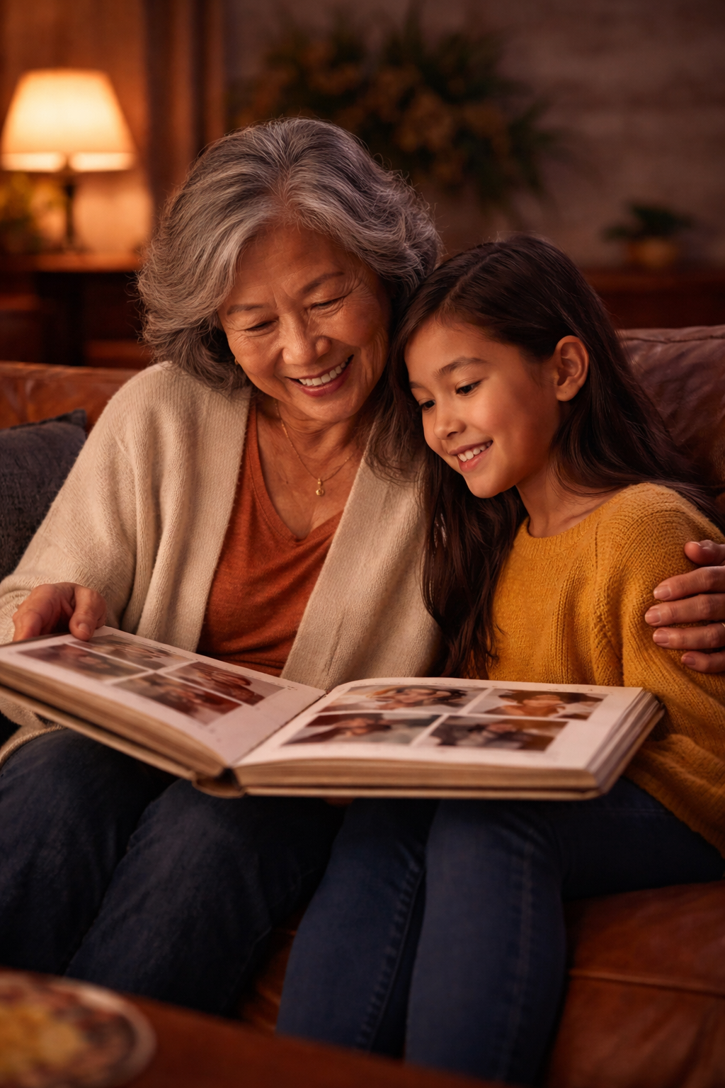Grandmother and young girl sitting on sofa looking at photo album together in cozy living room.