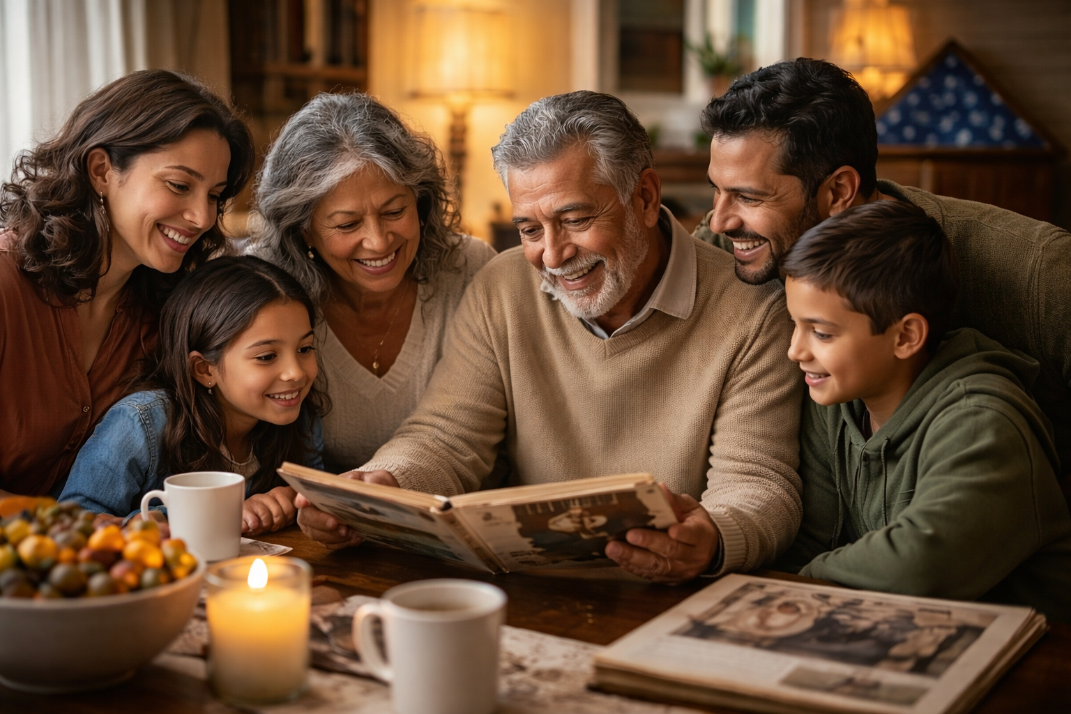 Family gathering around a table, looking at photo albums and smiling.