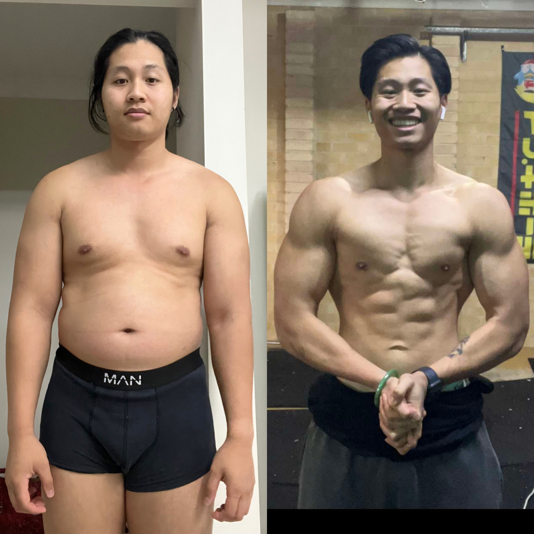 Comparison of a man before and after body transformation, showing significant muscle gain and reduced body fat.