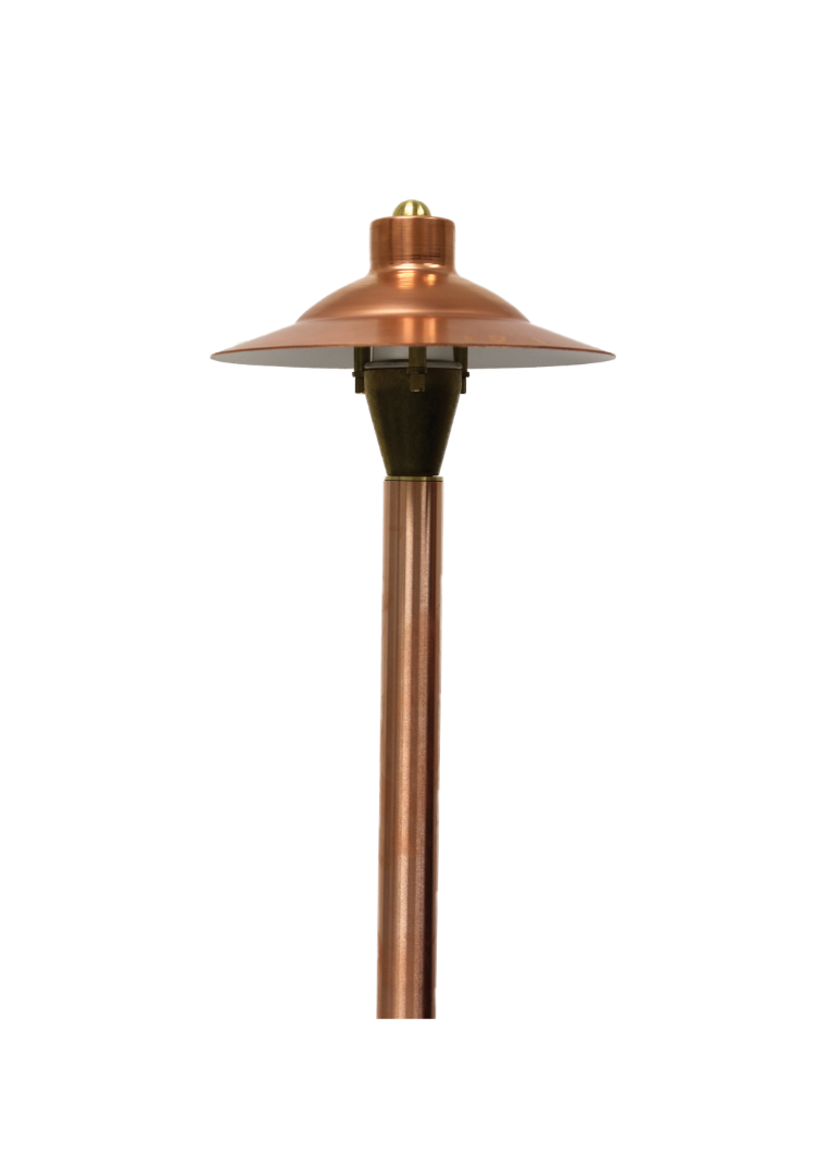 Copper outdoor lamp post with a wide, flat shade and a rounded finial on top.
