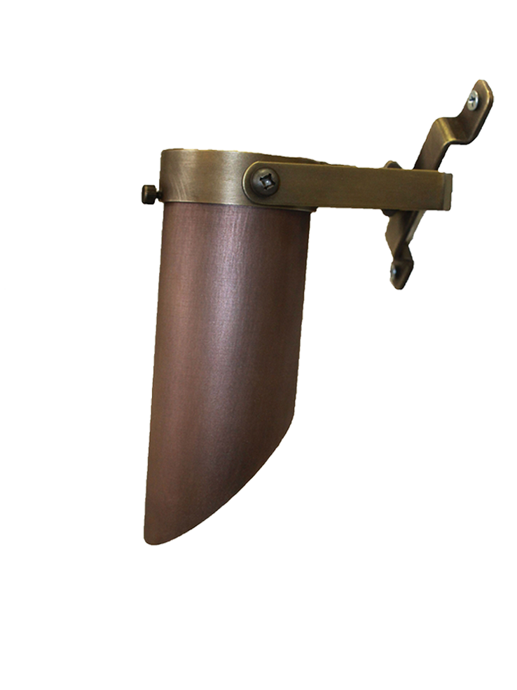 A survival knife with a brown wooden handle and a brown curved blade, mounted on a magnetic wall display.