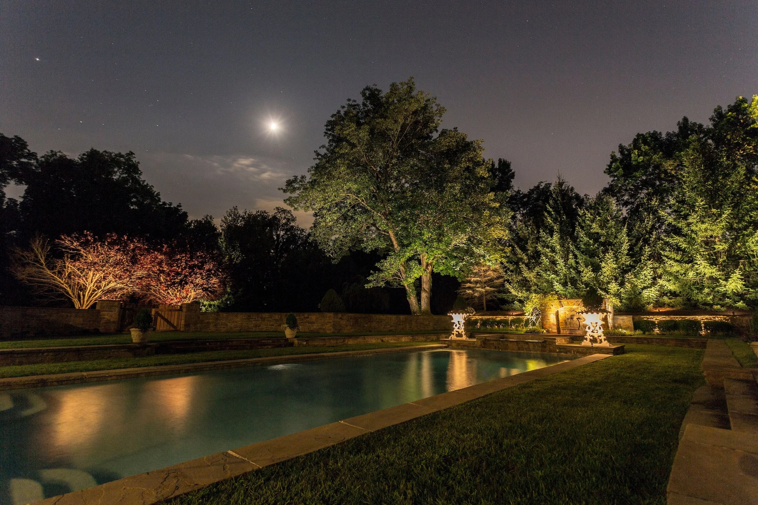 Nighttime scene featuring a moonlit sky with stars, several trees, a small pool of water reflecting lights, and illuminated garden decorations.