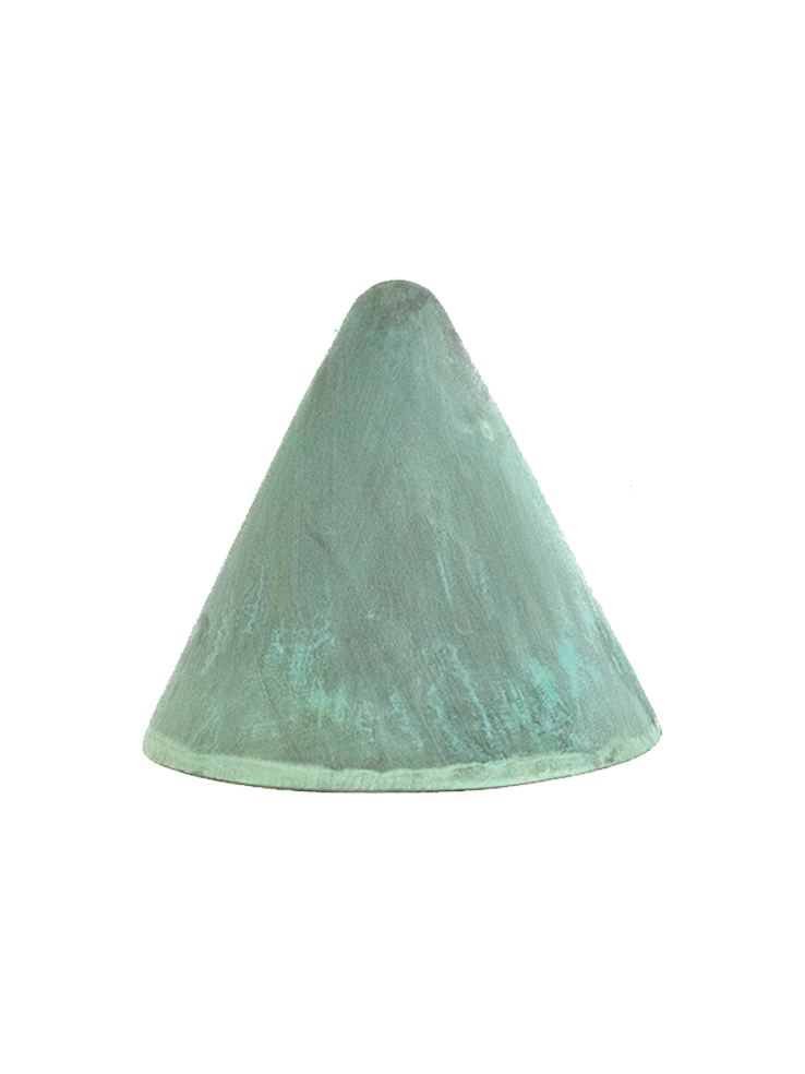 A pastel green velvet cone-shaped object with a shiny, textured surface.