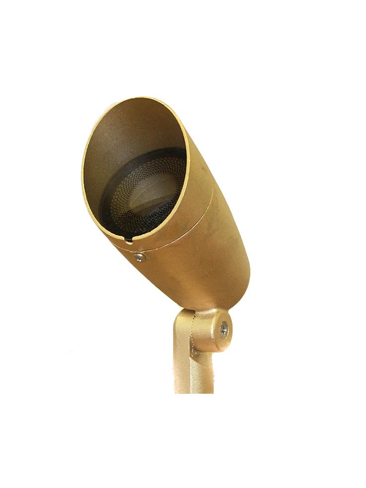 Close-up of a gold-colored outdoor security camera mounted on a beige stand, with a black background.