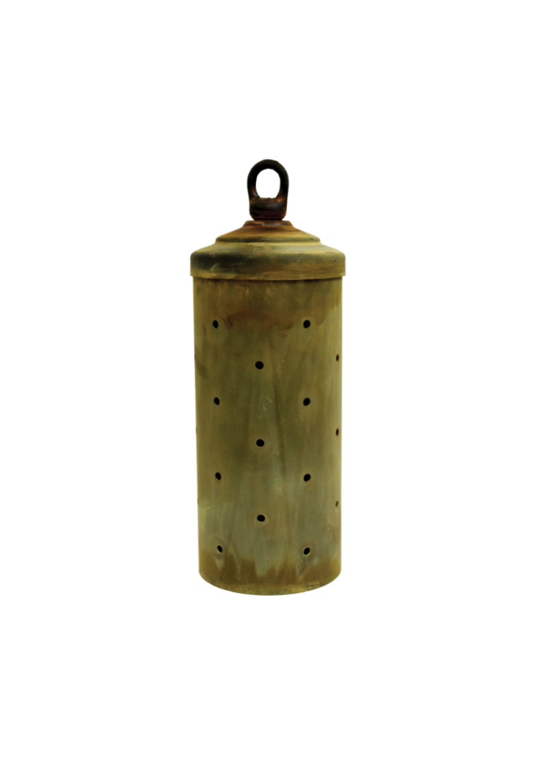 An old, cylindrical, military-style grenade with a pin and safety lever, featuring multiple small holes around its body.