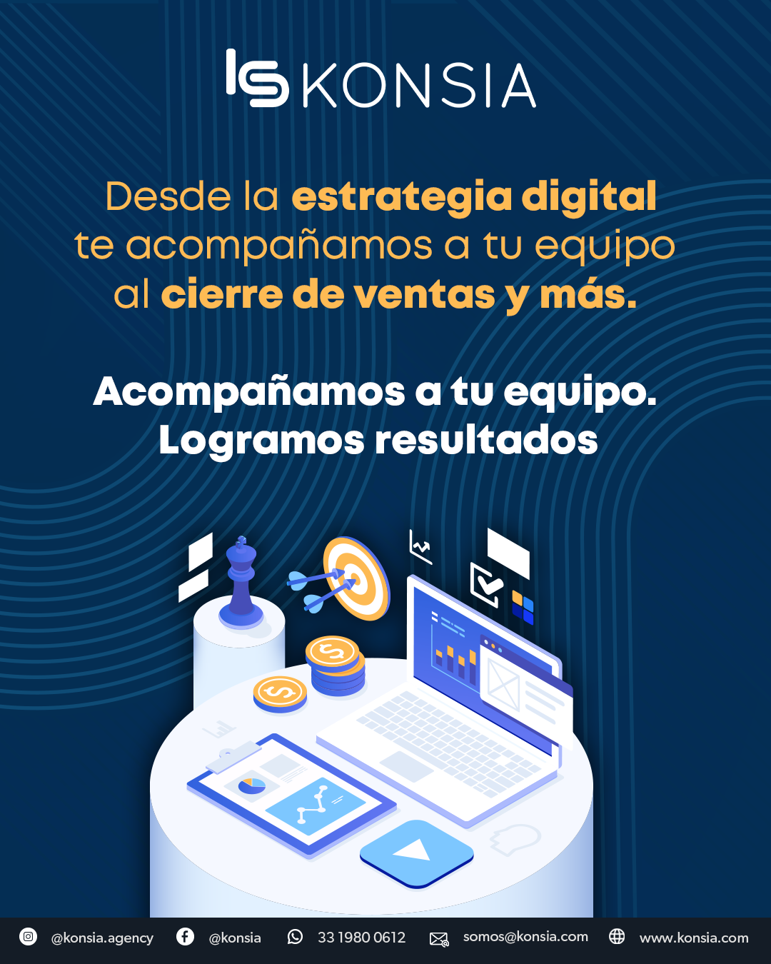 una imagen que muestra una mesa con dispositivos electrónicos, monedas, un tablero de tiro y gráficos, promoviendo servicios de estrategia digital y resultados en ventas.