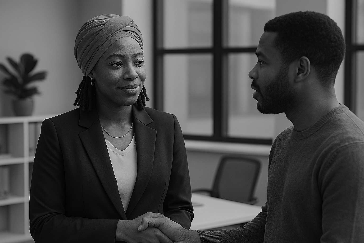 A woman with a headscarf and a man shaking hands in a professional setting.