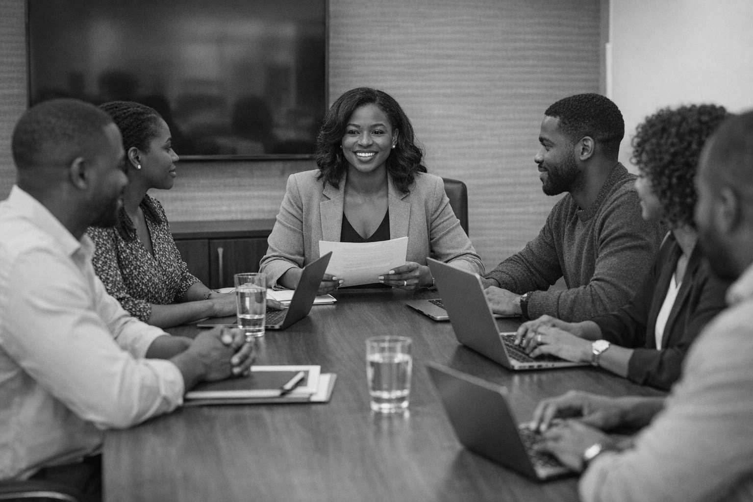 A diverse group of six people sitting around a conference table in a meeting room, engaged in a discussion with laptops and notebooks, with a woman in a blazer leading the meeting.