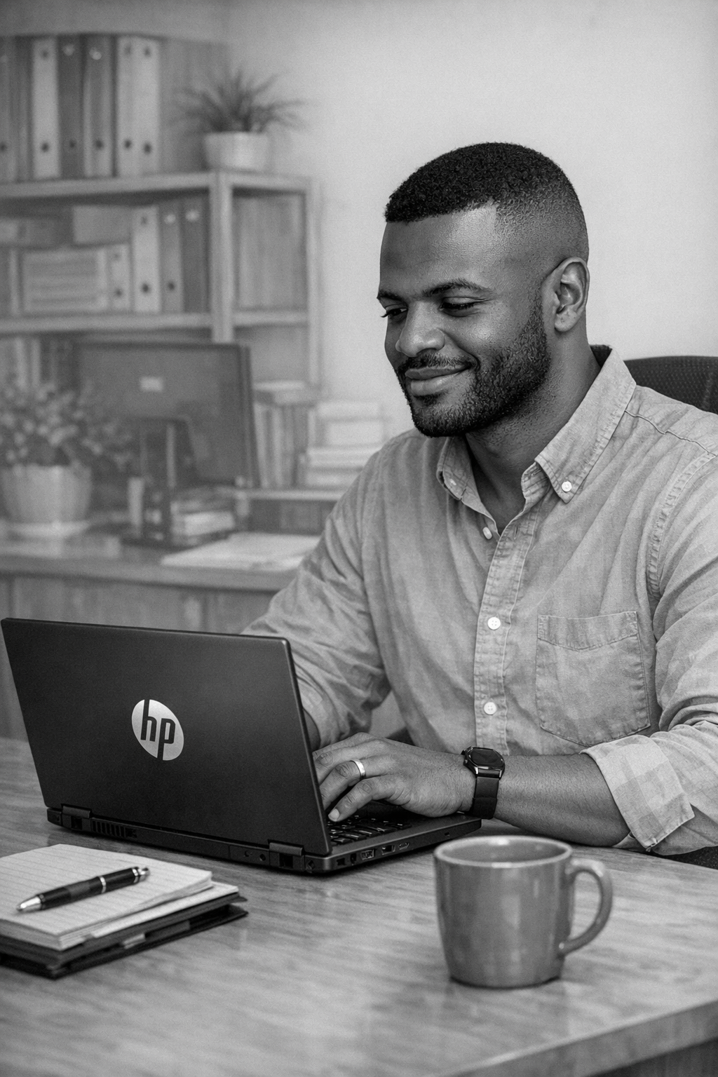 A man with a beard and short hair working on a laptop at a desk in an office, with notebooks, a pen, a mug, and shelves with folders and plants in the background.
