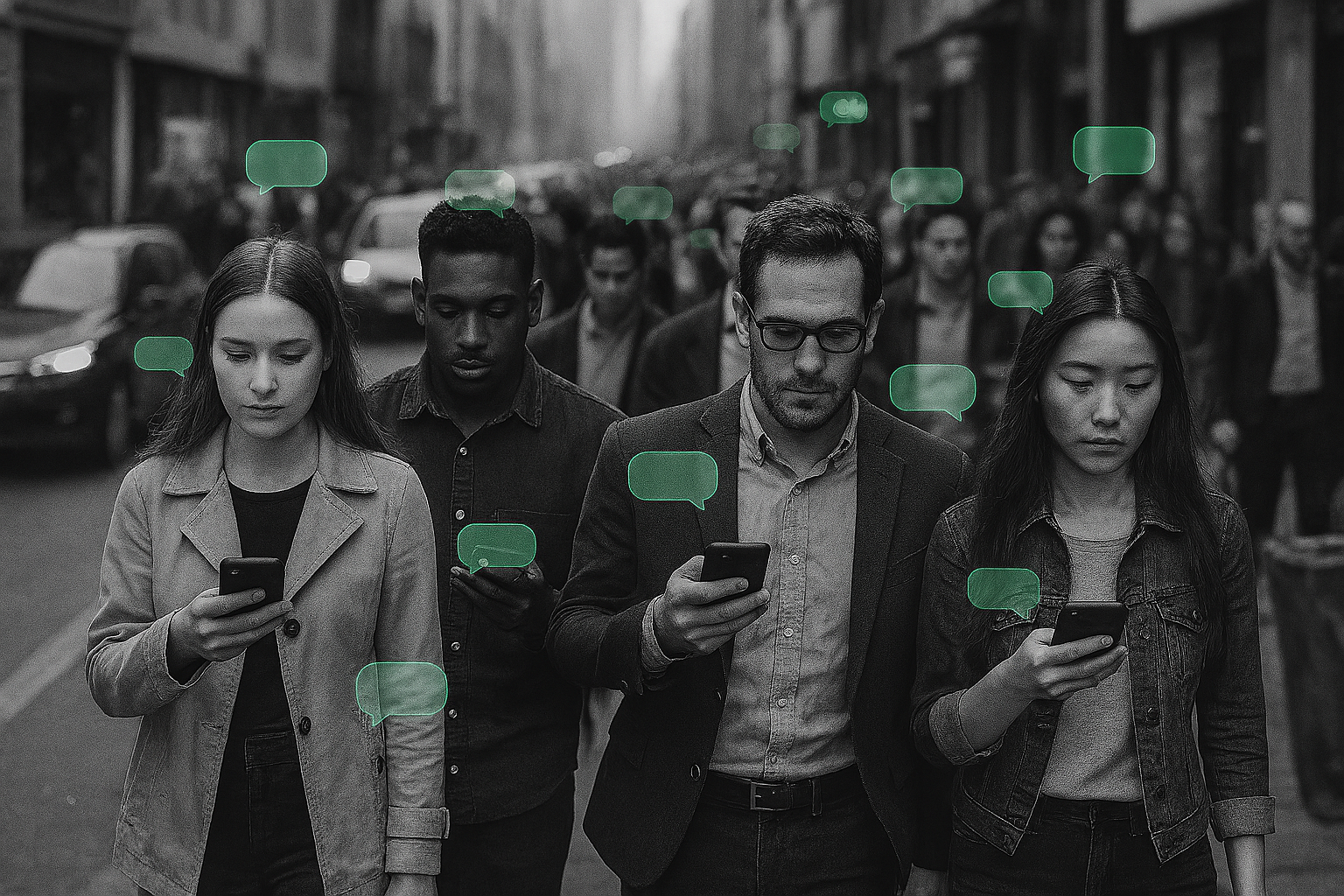 Four people walking down a city street, each looking at their smartphones with green chat bubbles floating around them.