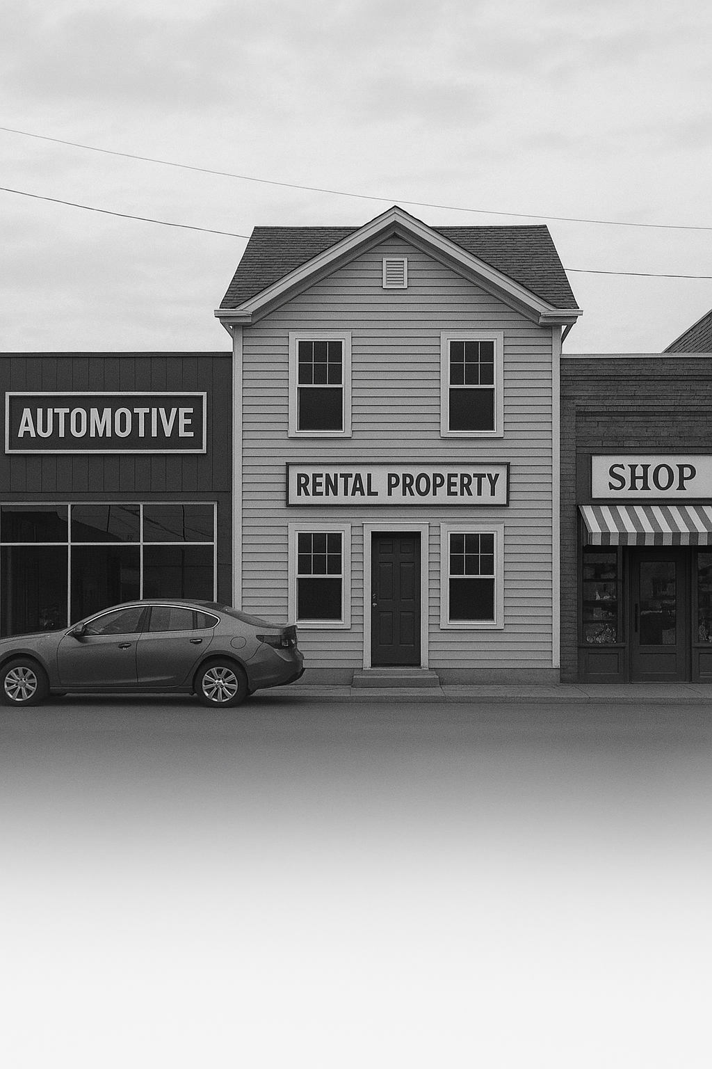 A two-story building with a sign that says "Rental Property" between two narrower buildings. To the left, a sign reads "Automotive," and to the right, part of a shop with an awning. There is a car parked in front of the building.