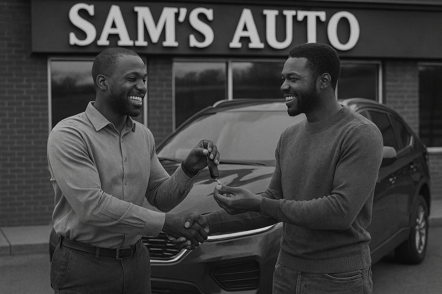 Two men shaking hands in front of a car outside a business called Sam's Auto; one man is handing over car keys to the other, both smiling.