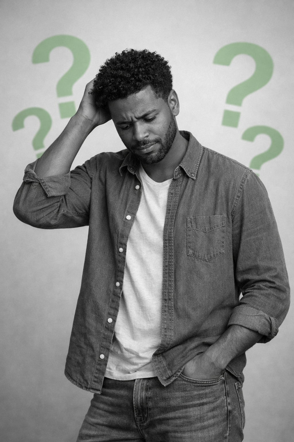 A man with curly hair and a beard, wearing a denim shirt and white t-shirt, looks confused with his hand on his head and his eyes closed, surrounded by green question marks in the background.