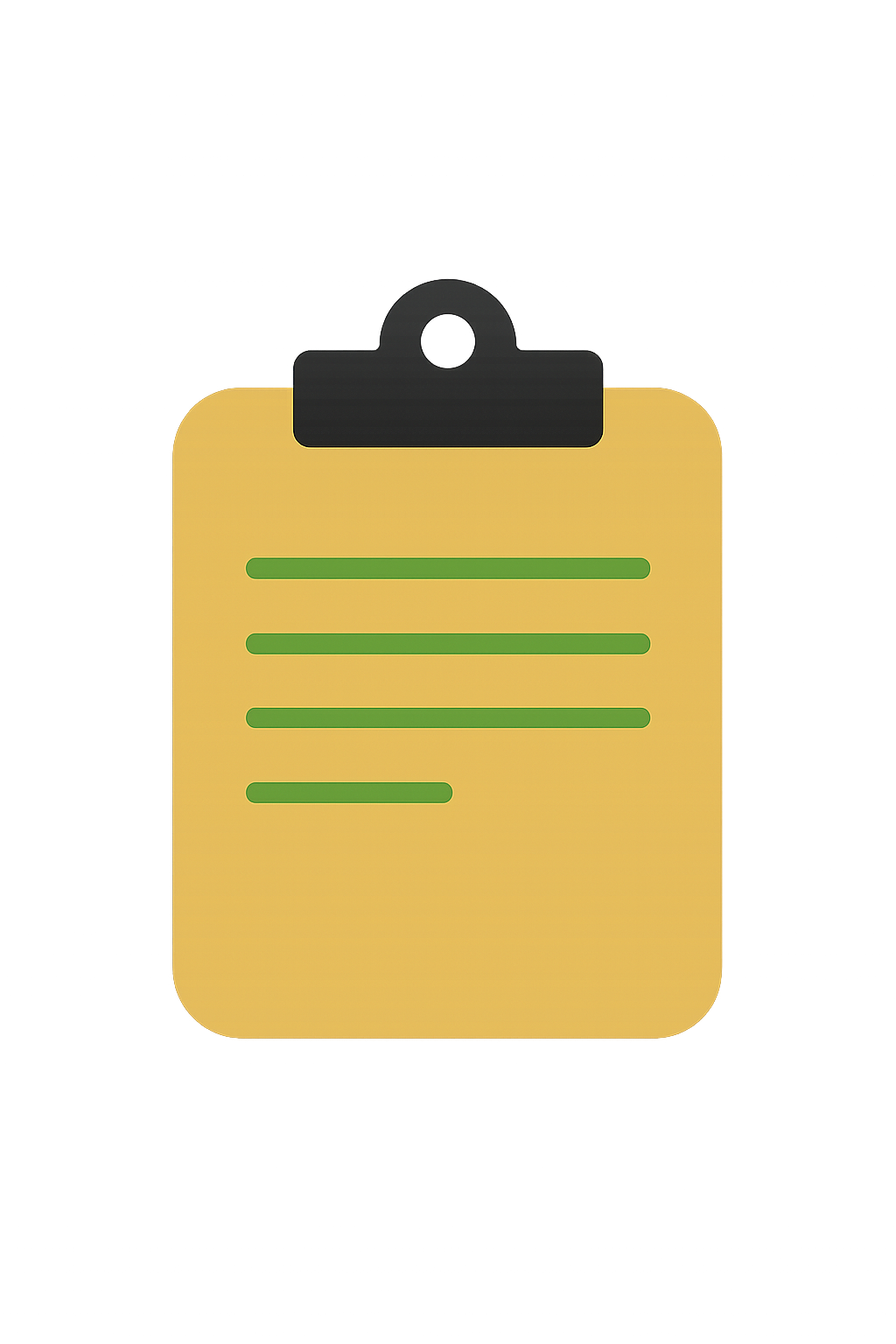 A clipboard with a yellow paper containing green lines of text.